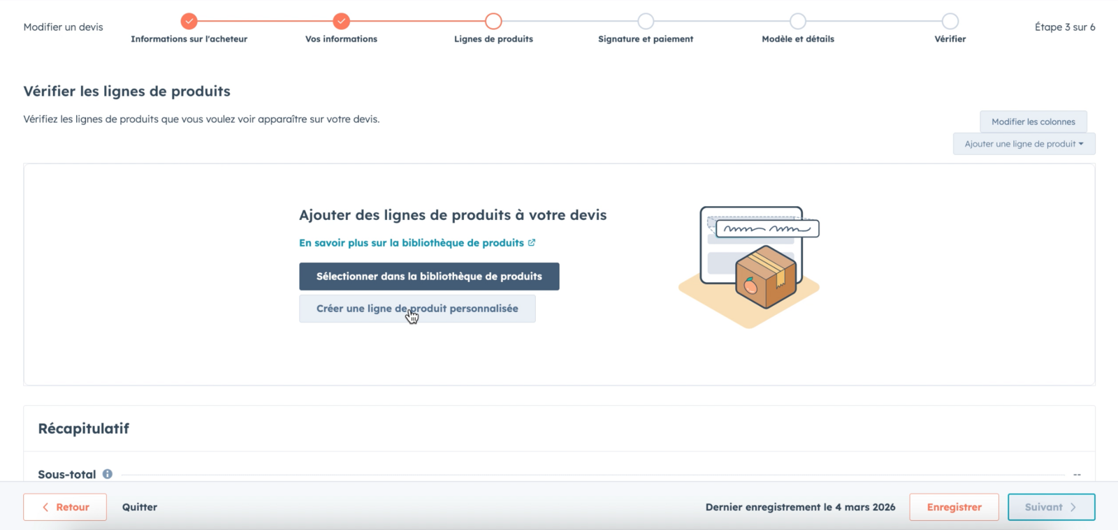 Bibliothèque de produits pour les devis HubSpot